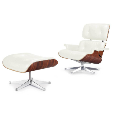 EM Lounge Chair & Ottoman Aniline Vivo-White / Standard / Palisander Veneer