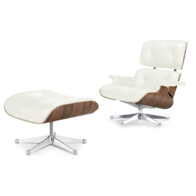 EM Lounge Chair & Ottoman Aniline Vivo-White / Standard / American Walnut Veneer