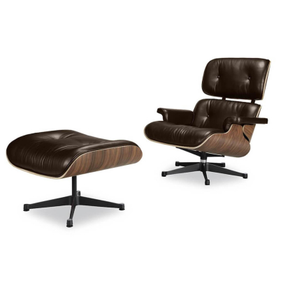 EM Lounge Chair & Ottoman Aniline Vivo-Dark Brown / Standard / American Walnut Veneer