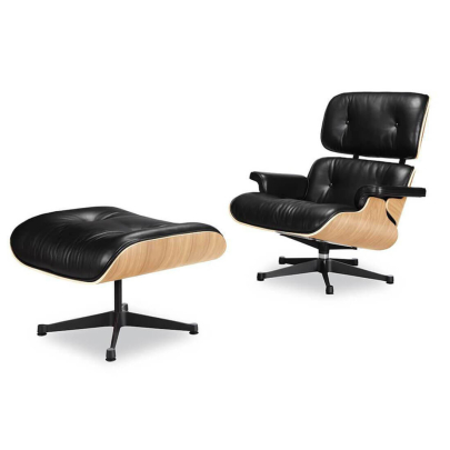EM Lounge Chair &amp; Ottoman Aniline Vivo-Black / Standard / Oak Veneer